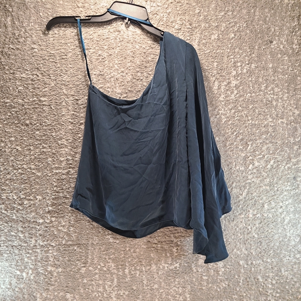 Milly One Shoulder Silk Blouse Size 0 Bell Sleeve Blue Lined